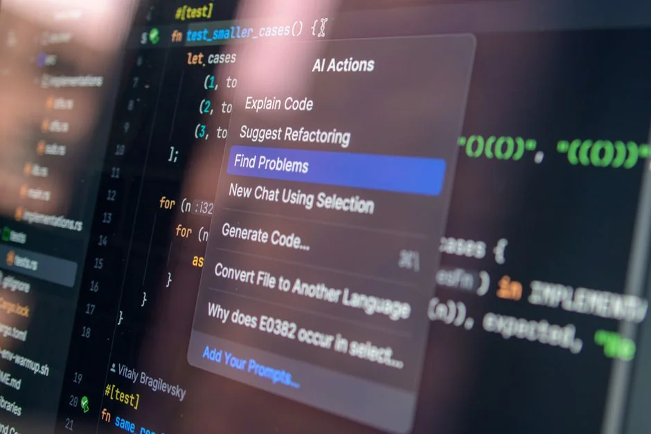 A modern workspace featuring dual computer monitors displaying web design projects, emphasizing technology and productivity.